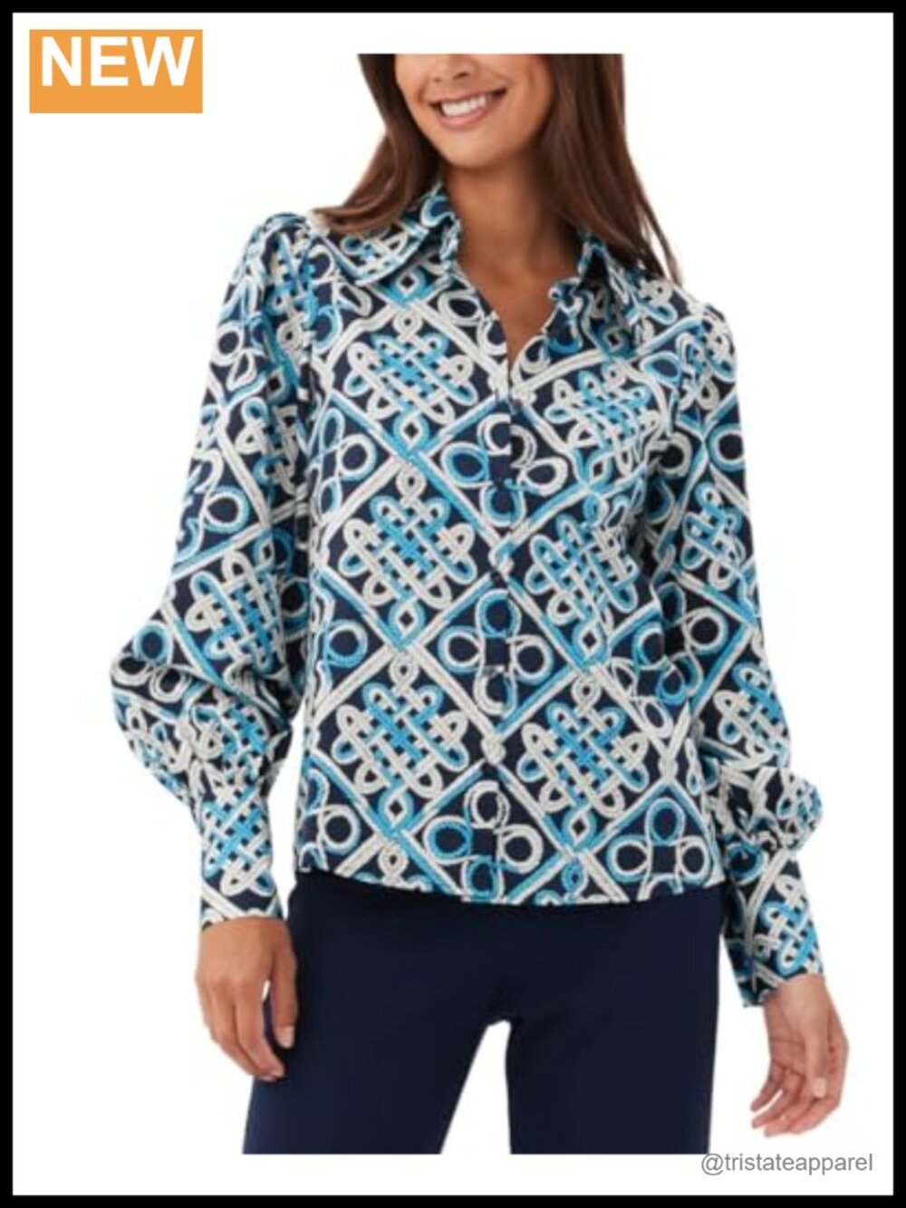 Women's Costa Button Down Blouse Cotton Puff Sleeve Nautical Print